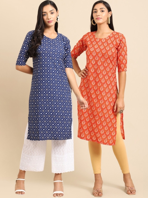 

Ethnic basket Women Pack of 2 Ethnic Motifs Printed Crepe Kurta, Orange