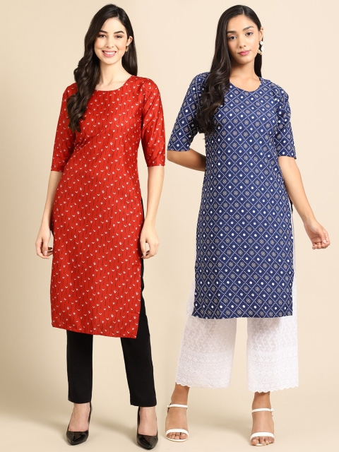 

Ethnic basket Women Pack of 2 Ethnic Motifs Printed Thread Work Crepe Kurta, Red