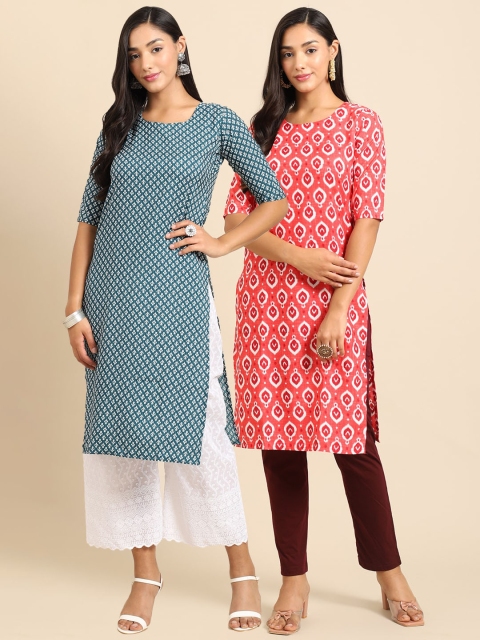 

Ethnic basket Women Peach & Green Geometric Printed Block Print Crepe Kurta Pack of 2