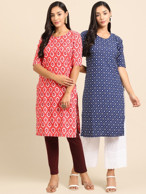 

Ethnic basket Women Blue & Peach Geometric Printed Block Print Crepe Kurta Pack of 2