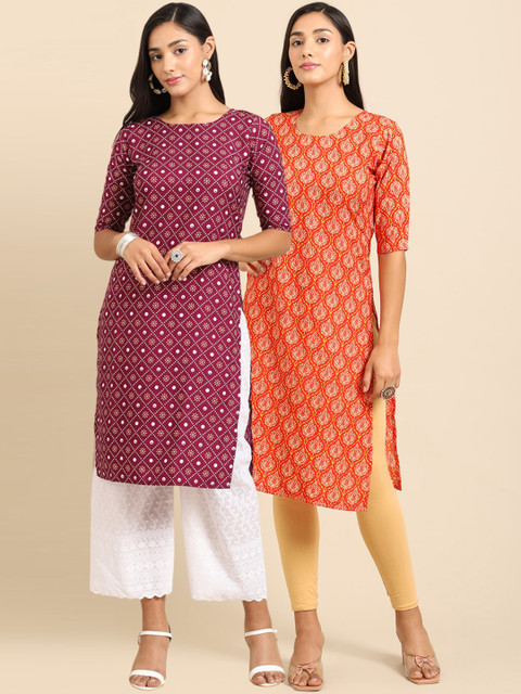

Ethnic basket Women Maroon & Orange Geometric Printed Block Print Crepe Kurta Pack of 2