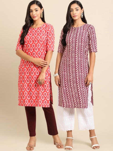 

Ethnic basket Women Peach & Maroon Geometric Printed Block Print Crepe Kurta Pack of 2