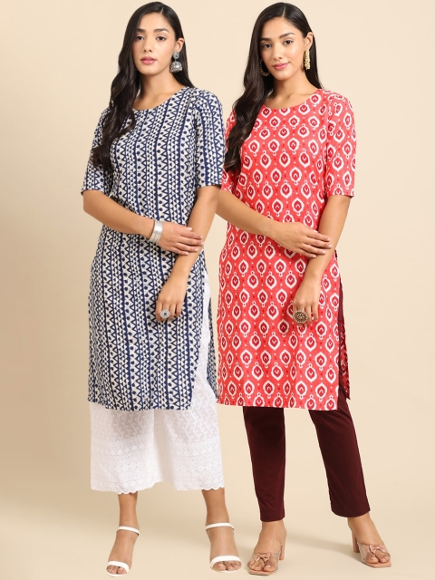 

Ethnic basket Women Peach & Blue Geometric Printed Block Print Crepe Kurta Pack of 2