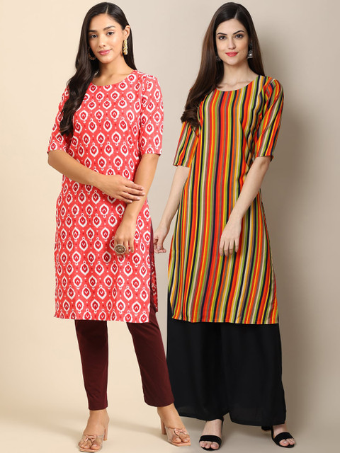 

Ethnic basket Women Peach-Coloured & Orange Geometric Printed Block Print Crepe Kurta