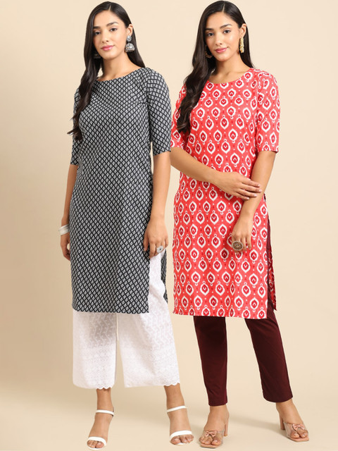 

Ethnic basket Women Black & Peach Geometric Printed Block Print Crepe Kurta Pack of 2