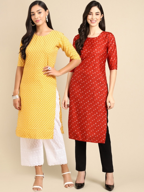 

Ethnic basket Women Pack of 2 Red & Yellow Printed Crepe Kurta