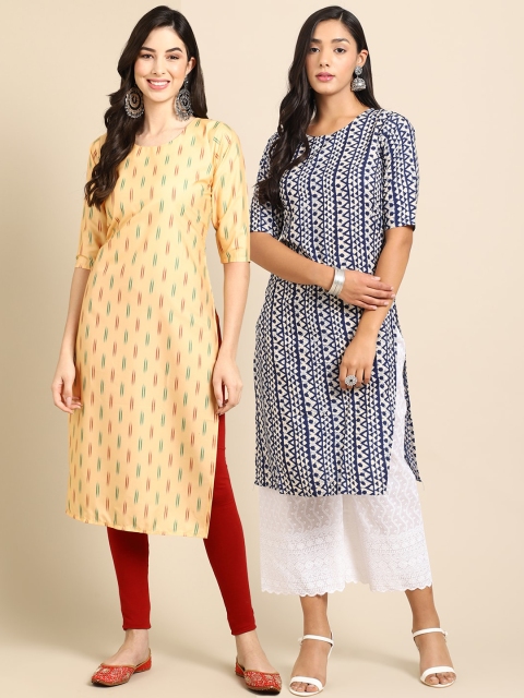 

Ethnic basket Women Pack of 2 Cream-Coloured & Navy Blue Printed Crepe Kurta