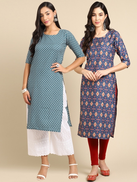 

Ethnic basket Women Pack Of 2 Blue & Navy Blue Ethnic Motifs Printed Crepe Kurtas