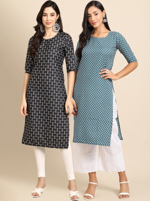 

Ethnic basket Women Pack Of 2 Black & Blue Geometric Printed Crepe Kurtas