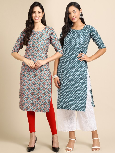 

Ethnic basket Women Pack of 2 Blue Geometric Printed Crepe Kurta