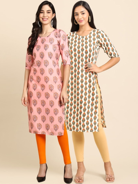 

Ethnic basket Women Pack of 2 Pink & Beige Ethnic Motifs Printed Crepe Kurta