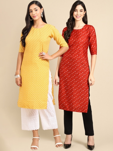 

Ethnic basket Women Pack of 2 Yellow & Red Geometric Printed Crepe Kurta