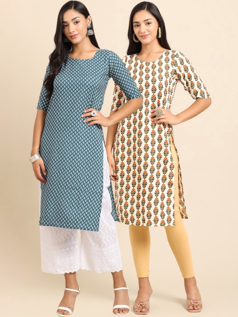 

Ethnic basket Women Pack Of 2 Blue & Cream Printed Crepe Straight Kurta