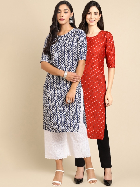 

Ethnic basket Women Pack Of 2 White & Red Printed Crepe Straight Kurta