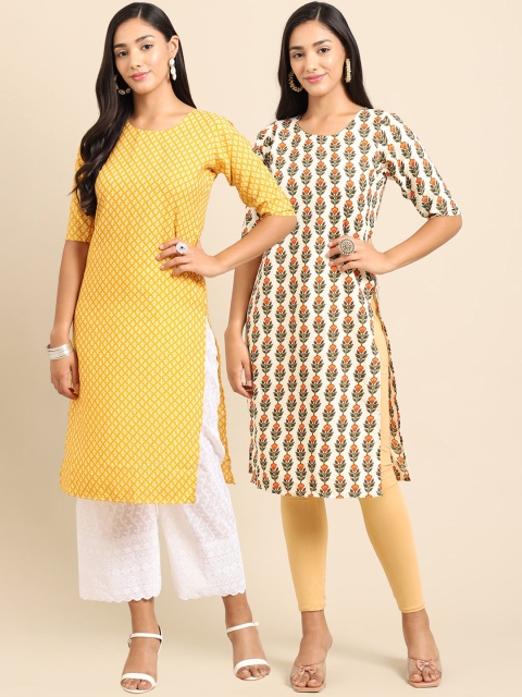 

Ethnic basket Women Pack Of 2 Yellow & White Printed Crepe Straight Kurta