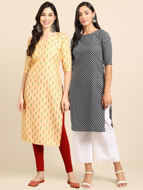 

Ethnic basket Women Yellow & Black Pack of 2 Ethnic Motifs Printed Crepe Kurta