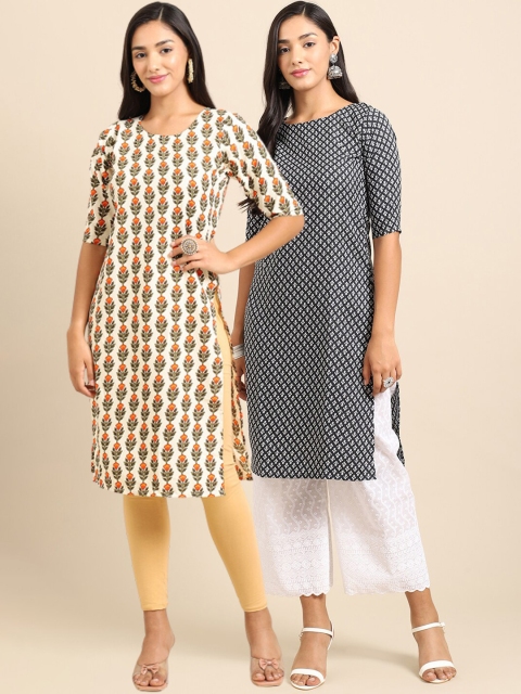 

Ethnic basket Women Beige & Black Pack of 2 Floral Printed Crepe Kurta