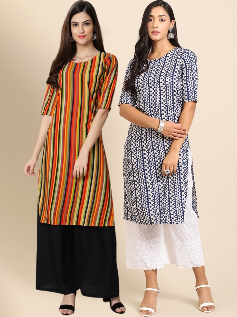 Ethnic basket Women Orange & Navy Blue Pack of 2 Striped Crepe Kurta