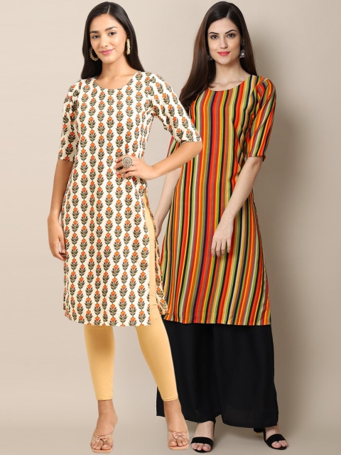 

Ethnic basket Women Beige & Orange Pack of 2 Floral Printed Crepe Kurta