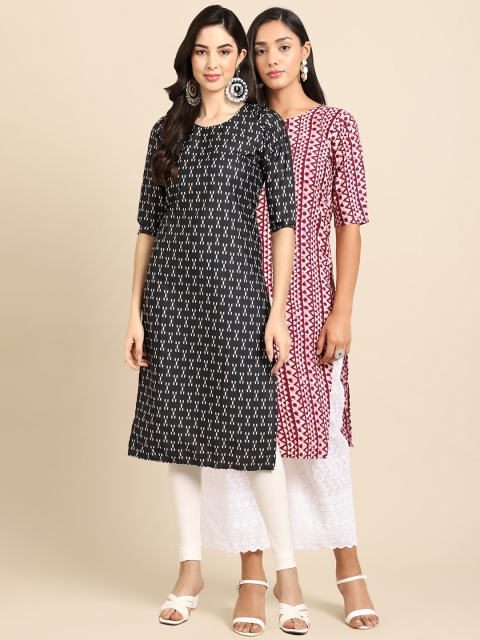 

Ethnic basket Women Pack of 2 Black & Magenta Printed Crepe Straight Kurtas