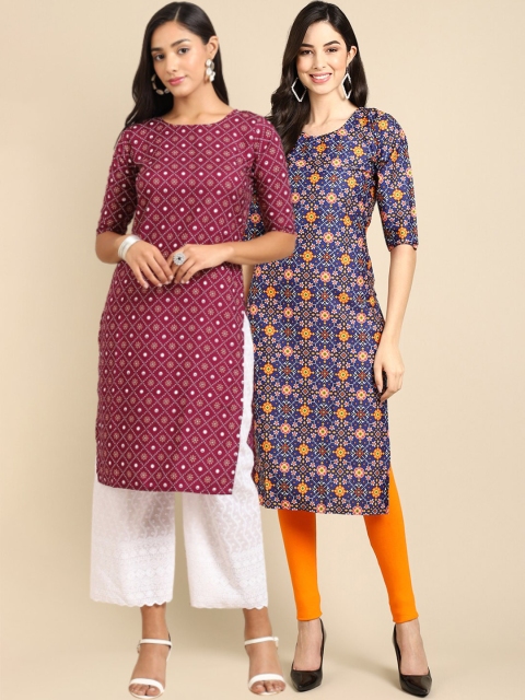 

Ethnic basket Women Pack of 2 Magenta & Blue Printed Crepe Straight Kurtas