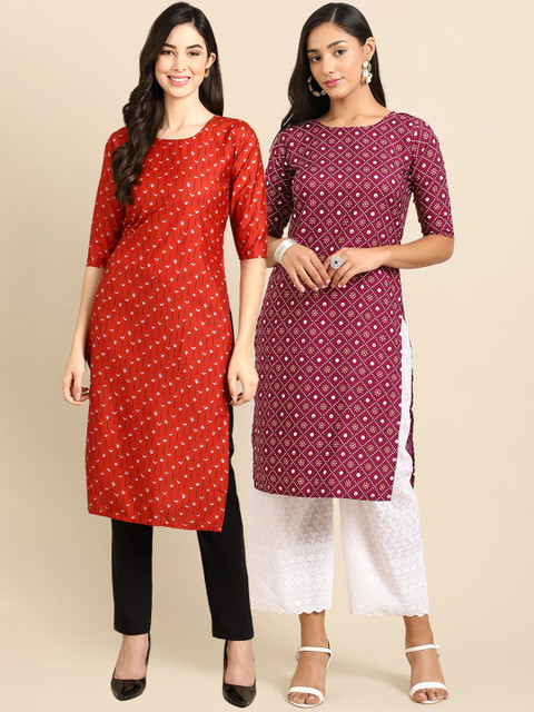 

Ethnic basket Women Pack of 2 Red & Magenta Printed Crepe Straight Kurtas
