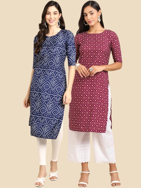 Ethnic basket Women Blue & Maroon Pack of 2 Printed Crepe Straight Kurtas