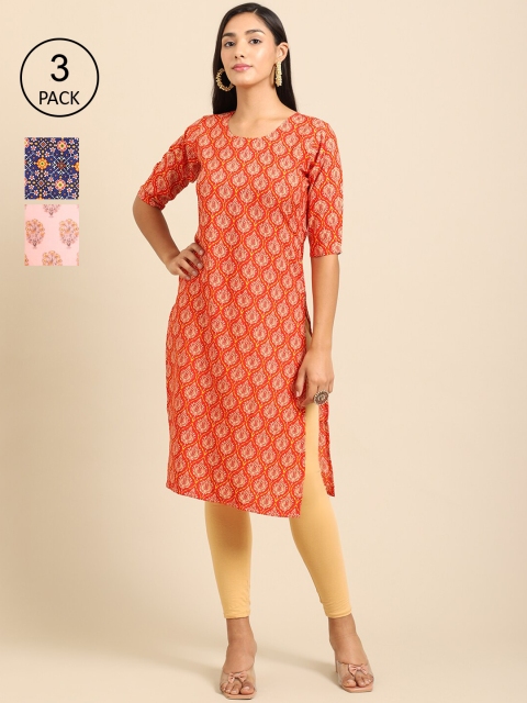 

Ethnic basket Women Orange & Pink Pack of 2 Printed Crepe Straight Kurta