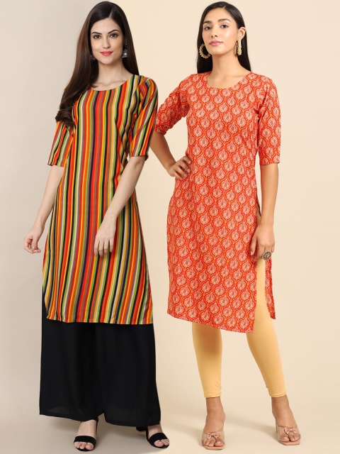 

Ethnic basket Women Orange & Yellow Pack of 2 Printed Crepe Straight Kurtas