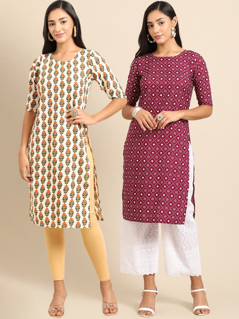 

Ethnic basket Women Cream-Coloured & Maroon Pack Of 2 Geometric Printed Crepe Kurta
