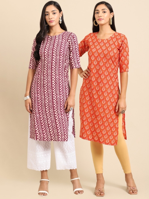 

Ethnic basket Women Purple & Orange Pack Of 2 Geometric Printed Crepe Kurta