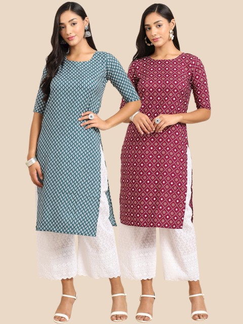 

Ethnic basket Women Maroon & Blue Pack Of 2 Geometric Printed Thread Work Crepe Kurta