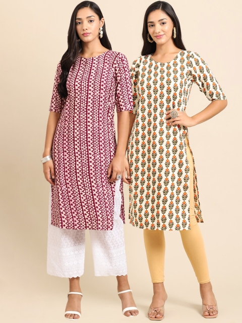 

Ethnic basket Women Purple & Beige Pack of 2 Printed Crepe Kurta