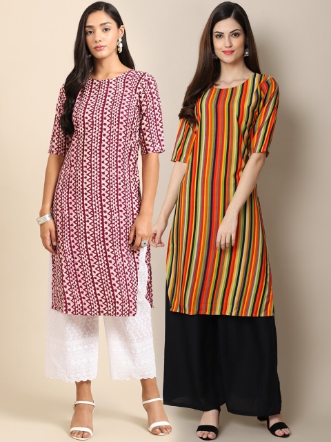 

Ethnic basket Women Purple & Mustard Yellow Pack of 2 Printed Crepe Kurtas