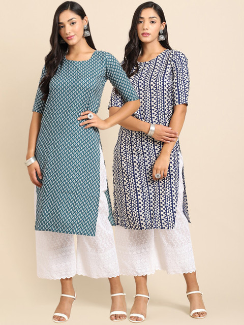 

Ethnic basket Women Blue & Green Pack of 2 Printed Crepe Kurtas