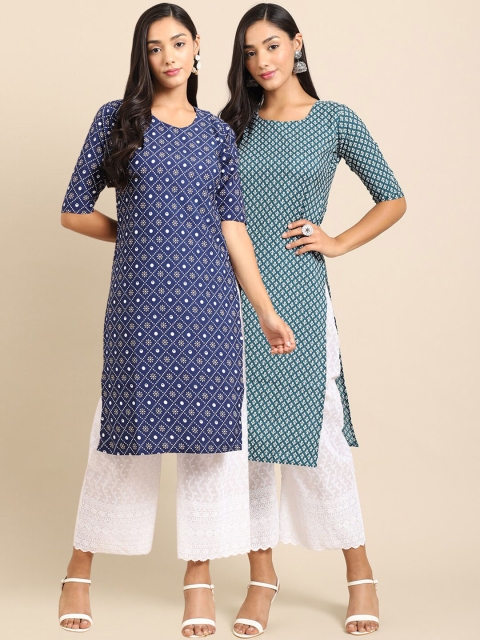 

Ethnic basket Women Pack of 2 Blue & Teal Geometric Printed Crepe Kurtas