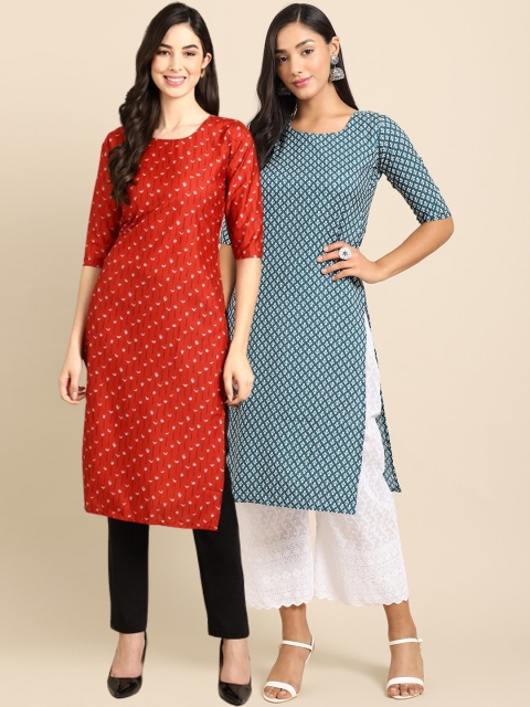 

Ethnic basket Women Pack of 2 Red & Teal Ethnic Motifs Printed Crepe Kurtas
