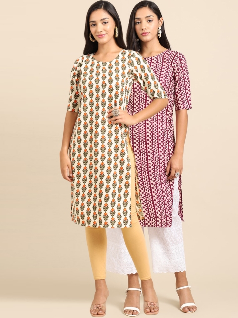 

Ethnic basket Women Pack of 2 Beige & Maroon Ethnic Motifs Printed Crepe Kurtas