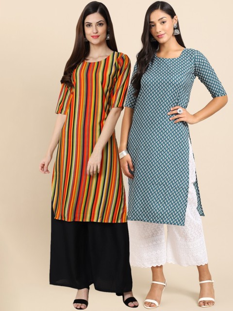 

Ethnic basket Women Pack of 2 Orange & Teal Ethnic Motifs Printed Crepe Kurtas