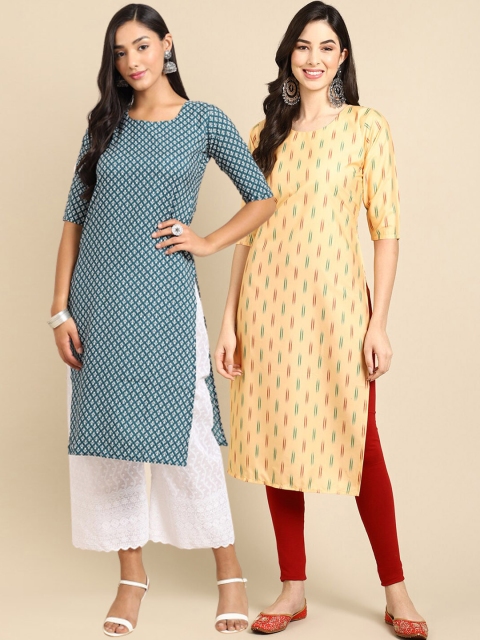 

Ethnic basket Women Pack of 2 Blue & Yellow Printed Crepe Kurtas