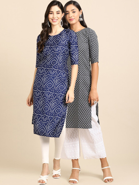 

Ethnic basket Women Pack of 2 Blue & Black Printed Crepe Kurtas