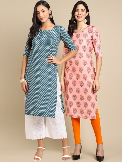 

Ethnic basket Women Pack of 2 Blue & Pink Printed Crepe Kurtas