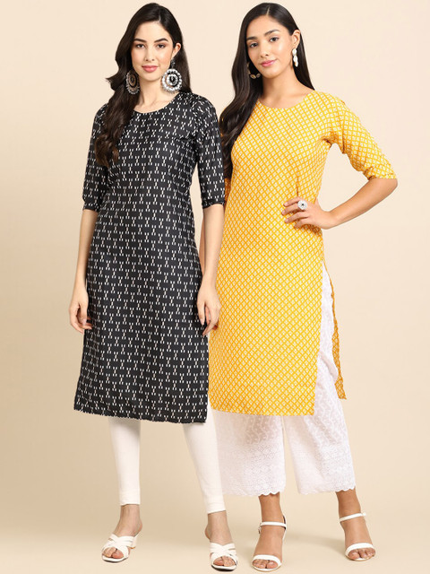 

Ethnic basket Women Pack of 2 Black & Yellow Printed Crepe Kurtas