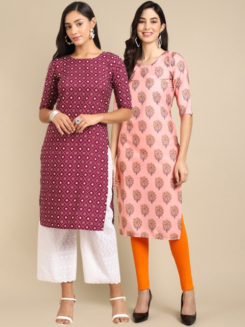 

Ethnic basket Women Pack Of 2 Maroon & Peach-Coloured Geometric Printed Crepe Kurta