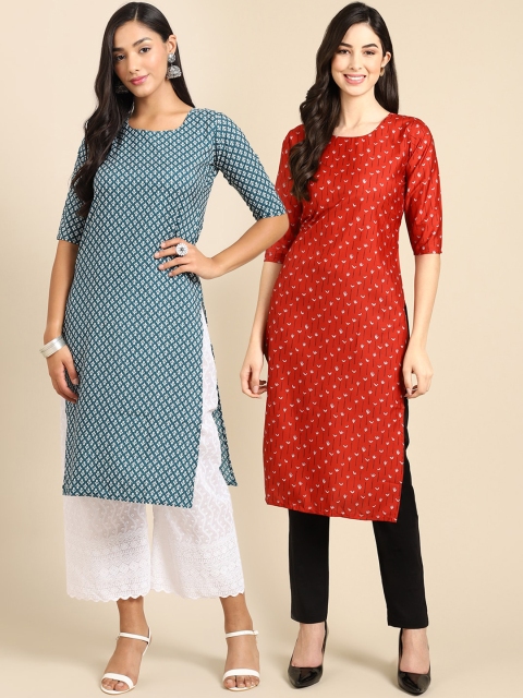 

Ethnic basket Women Pack Of 2 Blue & Red Geometric Printed Crepe Kurta