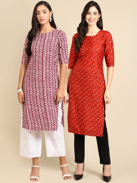 

Ethnic basket Women Pack Of 2 Maroon & Red Geometric Printed Crepe Kurta
