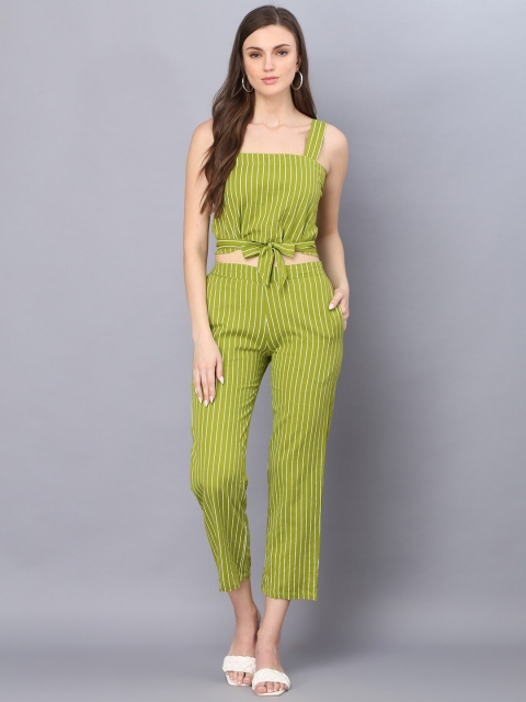 

God Bless Women Green Striped Pure Cotton Top with Trousers
