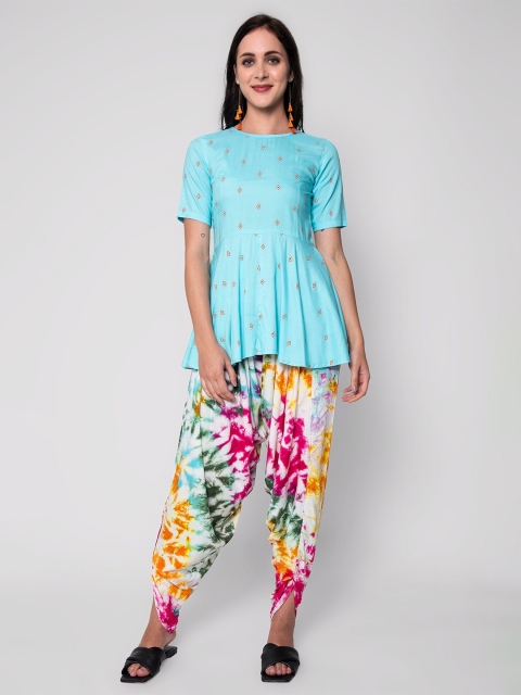 

God Bless Women Blue & Pink Printed Tunic with Dhoti Pants