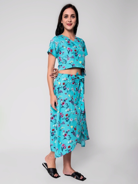 

God Bless Women Sea Green Printed Top with Skirt Co-Ords Set