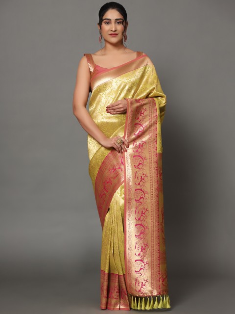 

Ekta Textiles Women Yellow & Gold-Toned Woven Design Zari Pure Silk Banarasi Saree